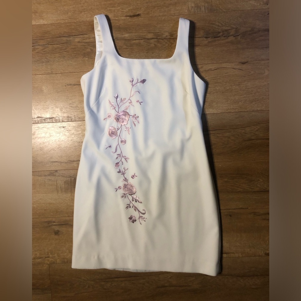 Chic White Midi Dress with Purple Floral Design